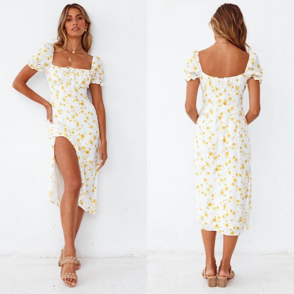 ↠ Sundae Muse White & Yellow Floral Puff Sleeve Milkmaid Tie Front Midi Dress - Picture 3 of 11